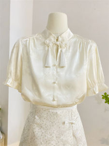 New Chinese Style Short Sleeve Cheongsam Womens Shirt Stand Collar Embroidered Satin Floral Vintage Light National Style Top