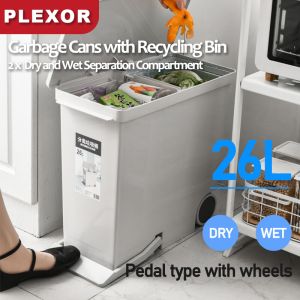 Plexor 26L Narrow Wet and Dry Classification Waste Bin with Wheels Plastic Foot-Operated Trash Can with Dual Compartment Household Sorting Trash Can with Lid for Living Room Kitchen Bedroom Wastebasket