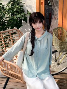 Áo Sơ Mi Nữ Mùa Hè Rộng Rãi Cổ Polo Tay Bảy Màu Xanh Lam Phong Cách Nhật Bản Cổ Điển Họa Tiết Bọt Tay Áo Dài Thường Ngày