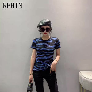 REHIN เสื้อยืดผู้หญิงแขนสั้นสไตล์ยุโรปคอกลมตาข่ายลายม้าลายเสื้ออเนกประสงค์ทรงสลิมฟิตแฟชั่นใหม่สำหรับเสื้อยืดผู้หญิงแฟชั่น