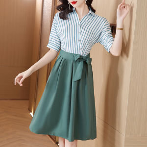 Impression Fashion Women Elegant Patchwork Fake 2pcs Polo Collar Raglan Sleeve Cinched Waist A-line Midi Dress