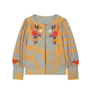 Guobioziy 2026 Autumn New Womens Jacket Round Neck Stripe Floral Embroidery Puff Sleeve Fashion Outerwear