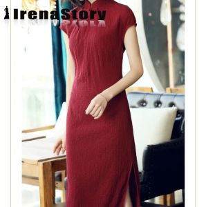 IRENASTORY 2023 Cheongsam for Womens Short Sleeve Plus Size Plain Ladies Maxi Dress Chinese New Year Clothes