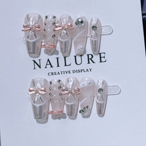 Luxurious Handmade Satin Ballet Shoe Nail Patches French Style Gentle Color Swan Lake Wearable False Nails Beauty Tools