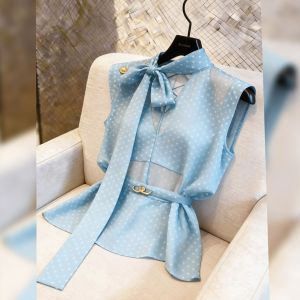 KUNAILIN | Polka Dot V-Neck Sleeveless Fashionable Blue Shirt