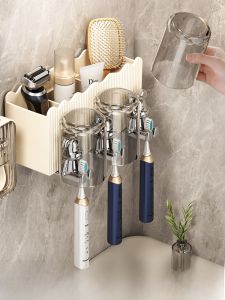 Bathroom Wall-Mounted Toothbrush Toothpaste Rack No-Drill Suction Cup Dental Care Organizer with Cup for Brushing Teeth And Spitting