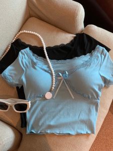 GUZILIAN | Summer Butterfly Knot Lace Edge V-neck Womens Sweet Design Sense With Chest Pad Versatile Slim Short Sleeve T-shirt