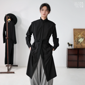 Long Tailored Collar Shirt Lightweight Double Pleat Front Black Casual Versatile Chinese Style Youth Fashion All Seasons