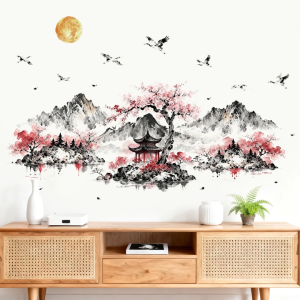 Decal Dán Tường Phong Cảnh Núi Non Thủy Mặc Có Keo Sẵn 176x94cm - Trang Trí Phòng Khách Phòng Trà