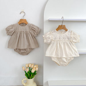 Summer Fashion Plaid Bubble Sleeve Baby Set