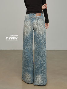 Retro American Low Waist Wide Leg Denim Pants Womens Loose Fit Leopard Print Design Slimming Straight Leg Trousers