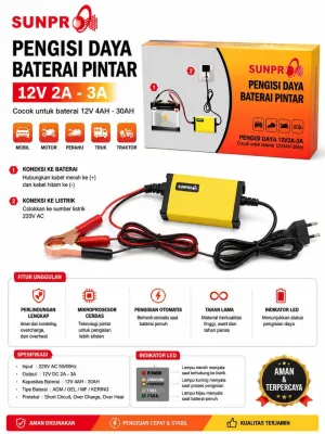 Cas Aki Motor Charger Aki Motor Sunpro 12V2A-3A Battery Charger 12v4AH-30Ah / aki Mobil Motor Pengisi Daya Aki