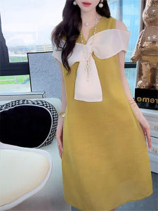 Shalldoer | Elegant Off-Shoulder Butterfly Knot Splice Dress Womens Summer New Style Lightweight Luxury Unique Design City Commute Dress