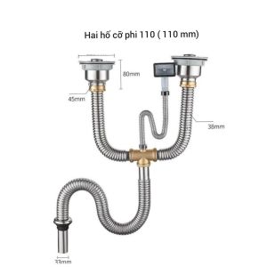 Bộ xi phông rửa chénbát inox 304.Hai hố phi cân phi to 140 ( 140 mm) phi nhỏ 110 ( 110 mm) hố lệch 140 ( 140 mm) 110 ( 110 mm)