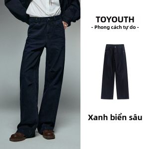 Toyouth | Quần Jeans Cotton Xanh Tối Dày Mới Ống Rộng Cao Đùi