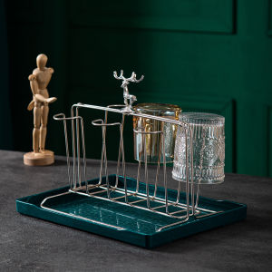 4 Cups under-Cut Square Shelf 6 Cups Draining Rack Shelf Rack with Tray Wrought Iron Golden Cup Holder Living Room Glass Storage