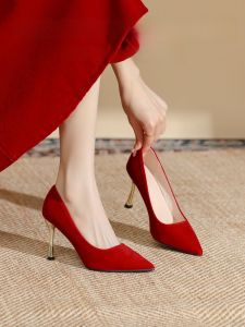 Red Chinese Style Wedding Shoes Comfortable Wide Foot Base High Heels Fashionable Single Shoes Womens Spring Summer Autumn