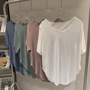 Loose Sports Blouse U-Shaped Easiest for Match Quick-Drying Crew Neck T Fitness Running Breathable Short Sleeve Lightweight Ice Silk Yoga Clothes