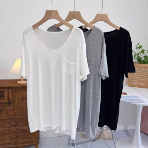 Loose Modal Womens T-shirt Summer Open Shoulder Sleeve Pocket round Neck Breathable Slimming Short Sleeve Trendy Top