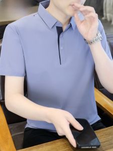 HENGYUANXIANG | เสื้อยืดคอโปโลผ้าไหมน้ำแข็งสำหรับผู้ชาย ทรงบาง แห้งเร็ว แขนสั้น สีพื้น แฟชั่นฤดูร้อน 2025 เสื้อยืดคอกลม