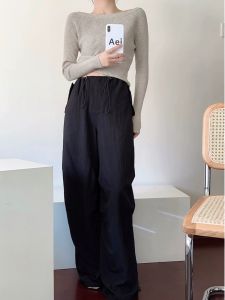 FlowGaga Casual High Waist Wide Leg Pants Elastic Belt Slimming Workwear Trousers Two-Way Wear Cuffed Pants Laid-back Style