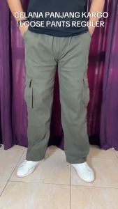 Celana Panjang Loose Pants Cargo Reguler Pinggang Karet Bahan Katun Twill Melar Ukuran L Sampai XXL