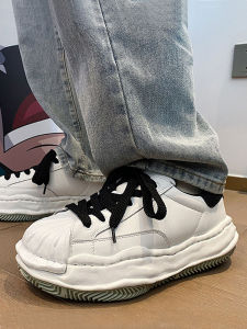 รองเท้าผ้าใบลำลองหนังสัง��ีรูปหอยทึบพื้นหนาสำหรับผู้ชายและผู้หญิง รองเท้าผ้าใบลำลองแบบมีสายรัด ทรงหัวมน พื้นยาง ฤดูใบไม้ผลิและฤดูใบไม้ร่วง