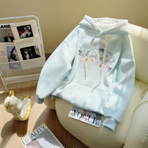 Korean College Style Rainbow Hood Rope Fleece Lined Loose Womens Sweatshirt Autumn Winter Sweet Outerwear Jacket