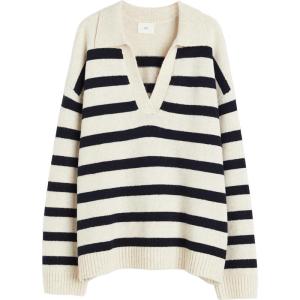 H&M Womens Knitted V-Neck Top Fashion Inner Wear Retro Striped Base Layer Shirt Long Sleeve Regular Length Polyester Blend