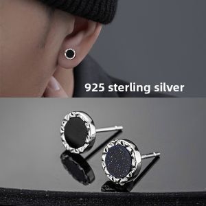 S925 Sterling Silver Earrings for Men Single High-End Black Agate Couples Simple Fashionable Jewelry Ear Rings
