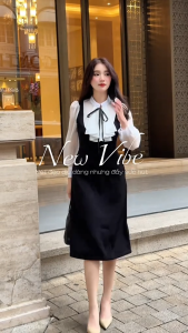 Đầm thiết kế BEMINE cổ chữ V phối bèo tay dài dáng chữ A phù hợp đi làm-B164