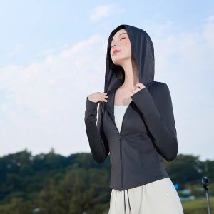 Womens Summer 2025 New Ice Skin Cool Feeling UV Protection Clothing Stand Collar Slim Fit Yoga Outerwear Polyester Spandex