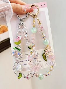 Cherry Crystal Luxury Short Phone Chain for Women Pink Glass Flower Tulip Handheld Wristlet Chain Double Chain Heart Bag Keychain Pendant
