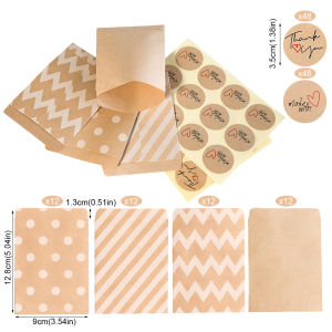 48Sets Retro Kraft Paper Bags Dot Stripe Candy Cookie Treat Bags with Stickers Gift Pouch for Wedding Party Favor Supplies