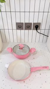 [HEMAT 100K] Freemir Sakura Series Wajan dan Panci Set 20/18 Cm Panci Pink Dengan Tutup Kaca PFOA Free