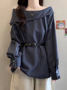 AIYITI | Elegant Off-Shoulder Stripe Long Sleeve Shirt Autumn New Big Size Women Waist-Shaping Tummy Control