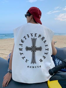 American Style Pure Cotton West Coast Sleeveless T-Shirt Men Summer Trendy Brand Sanskrit Cross Design Short Sleeve Vest