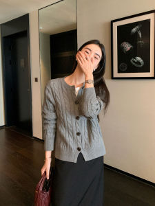 Pusumede Vintage Twist Knit Sweater Cardigan Short Sleeve Long Sleeve round Neck Womens Autumn Winter Fashion Top Street Style Loose Fit
