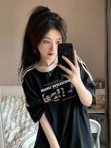 American Style Loose round Neck Short Sleeve T-Shirt Womens Retro Striped Top Summer Half Sleeve Spring Commute Fashion