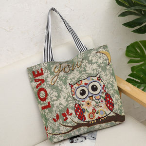 Embroidered Canvas Shopping Bag Fashionable Owl Cartoon Design Single Shoulder Tote Bag Soft Cotton Material Zipper Closure