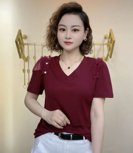 Fashionable Mesh Shoulder Bared V-neck Short Sleeve T-shirt Slimming Base Shirt for Women Summer Commute Creative Pattern