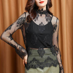 เสื้อตัวในลูกไม้ซีทรูเซ็กซี่สไตล์ยุโรปแบบใหม่ฤดูใบไม้ผลิปี2023เสื้อผ้าตาข่ายแขนกระดิ่งคอตั้งฉลุลายสำหรับผู้หญิง