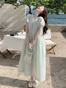 Sweet Pure Style Bamboo Green French Elegant Dress Womens Summer New Soft Breeze Long Dress Anti-Aging Fashionable Casual