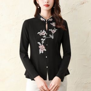 Áo Thun Dệt Kim Dài Tay Thêu Cổ Đứng Cho Nữ Áo Sơ Mi Cơ Bản Thời Trang Thu Đông Mới Áo Thun Cotton Dáng Ôm Cổ Vuông
