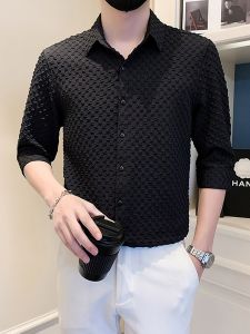 Waffle Shirt Mens Half Length Short Sleeve 2024 New Arrival Summer Ruffle Handsome Stylish Flow 3/4 Sleeve Shirt Coat Fancy
