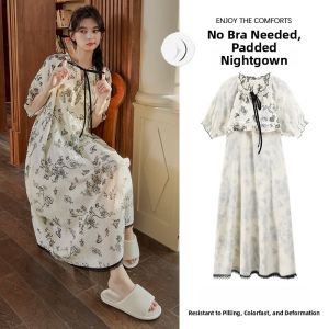 Miiow | Cat Woman Summer Long Sleeve Sleep Robe Short Sleeve Womens Kimono Nightgown Built-in Bra Pad Outdoor Wearable Sleepwear