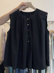 French Retro Black Sleeveless Shirt for Women Loose Fit Anti-aging Clothing for Summer Large Size Clothing for Young Women