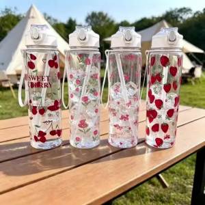 750ML Cute Strawberry Floral Cherry Bow Tumbler One-Button Pop-Up Lid Straw Cup with Handle for Travel Sports Leak-Proof Bottle