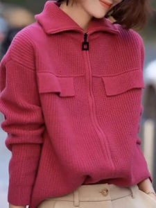 เสื้อคาร์ดิแกนถักแขนยาวสไตล์ฝรั่งเศส เสื้อคลุมกันหนาวแฟชั่นดีไซน์เก๋ไก๋ ทรงหลวม ปกโปโล ผ้าฝ้ายผสมโพลีเอสเตอร์