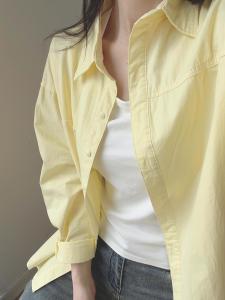 Loose Long Sleeve Womens Shirt Summer New Style Lazy Fashion Yellow Milk Casual Button up Cotton Spring Regular Length Pure Color